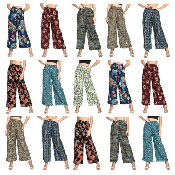 Women's Soft Cotton Blended Loose Fit Wide Leg Comfort Palazzo Printed Pants - Picture 7 of 16